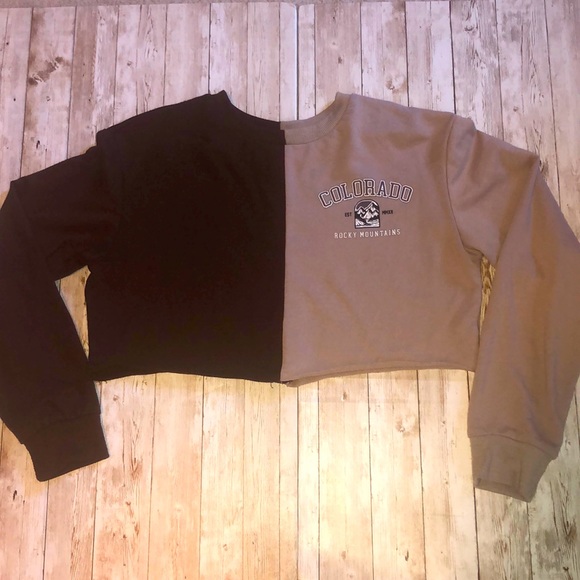 “Refuge” brand, color-block, cropped Colorado Rocky Mtns graphic top -jr sz S - Picture 2 of 8